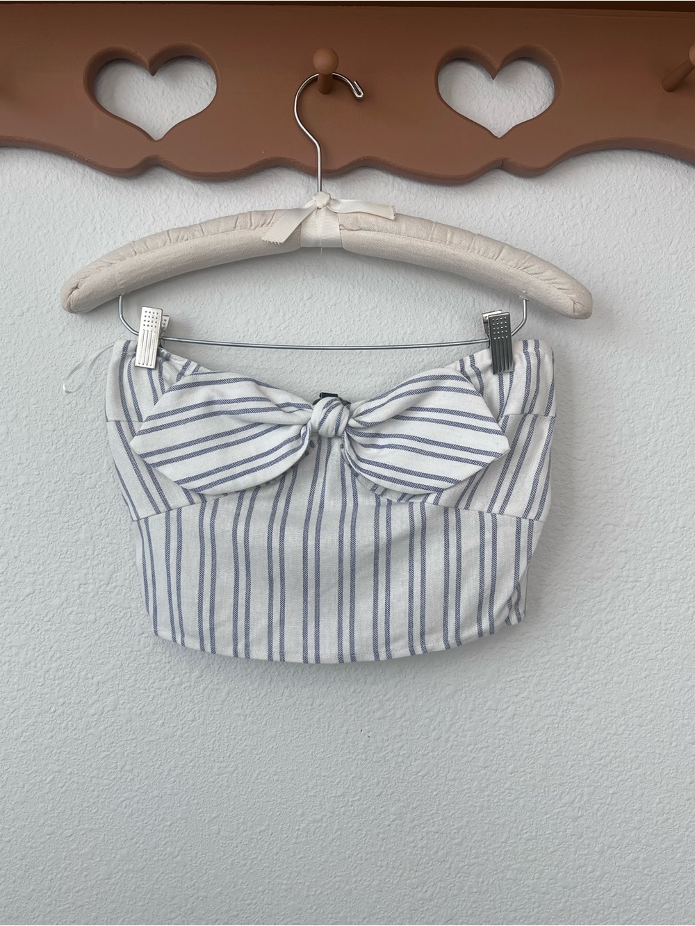 Striped Bow-Front Strapless Tank Top in White and Blue